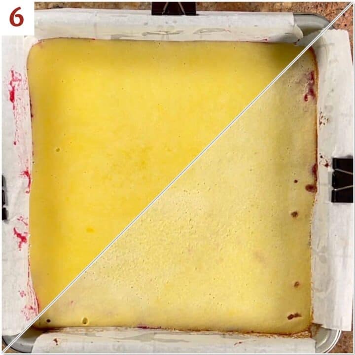 Collage of before and after baking the lemon custard layer.