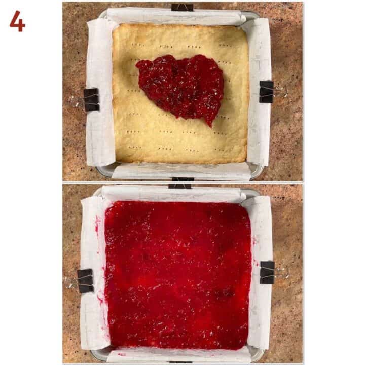 Collage of before and after spreading the chilled cranberry sauce onto the shortbread crust.