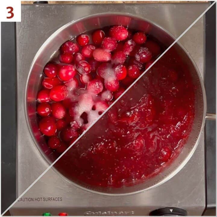 Collage of before and after cooking the cranberries, water, and sugar into cranberry sauce.