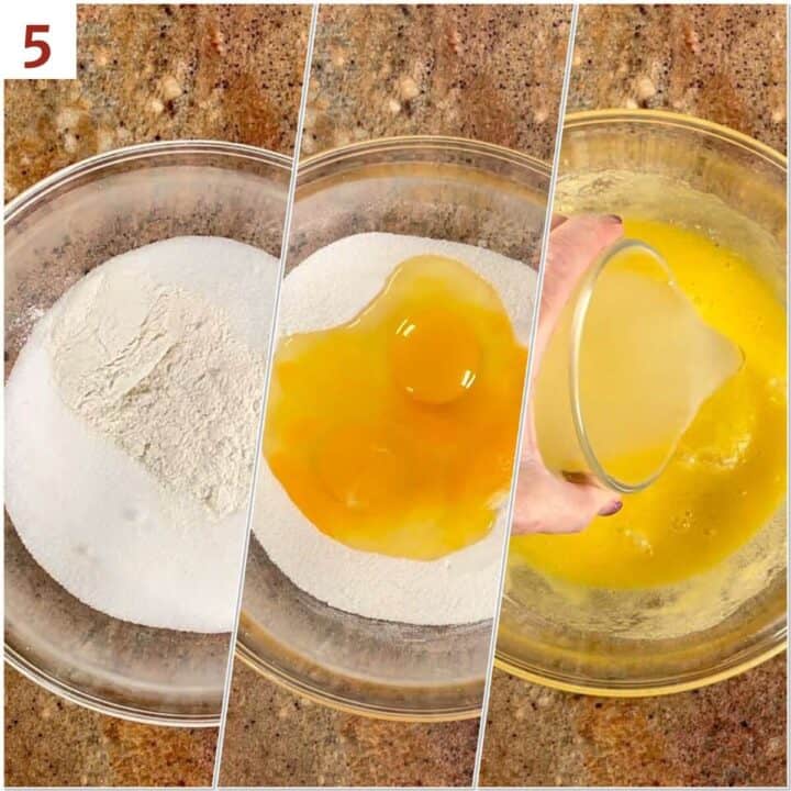 Collage of mixing the sugar, flour, eggs, and lemon juice for the lemon custard layer.