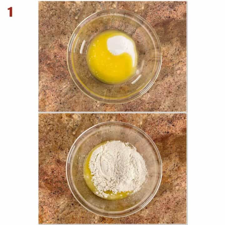 Collage of mixing the melted butter, salt, and flour for the shortbread crust.