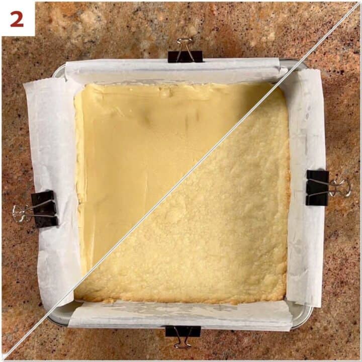 Collage of before and after baking the shortbread crust.
