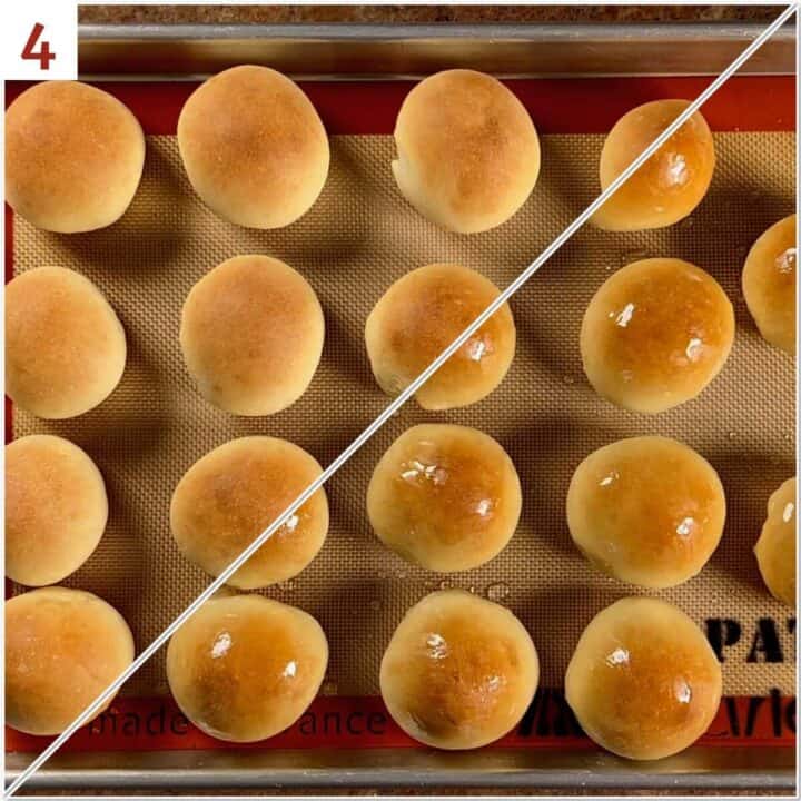 Collage of before and after the baked cream buns get glazed with simple syrup.