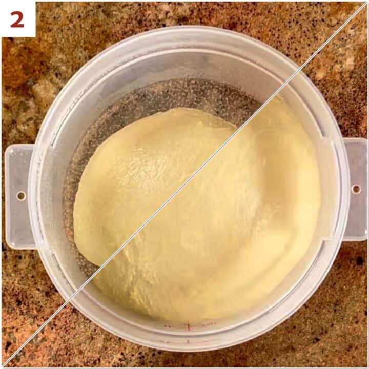 Collage of before and after the first rise of the cream bun dough.