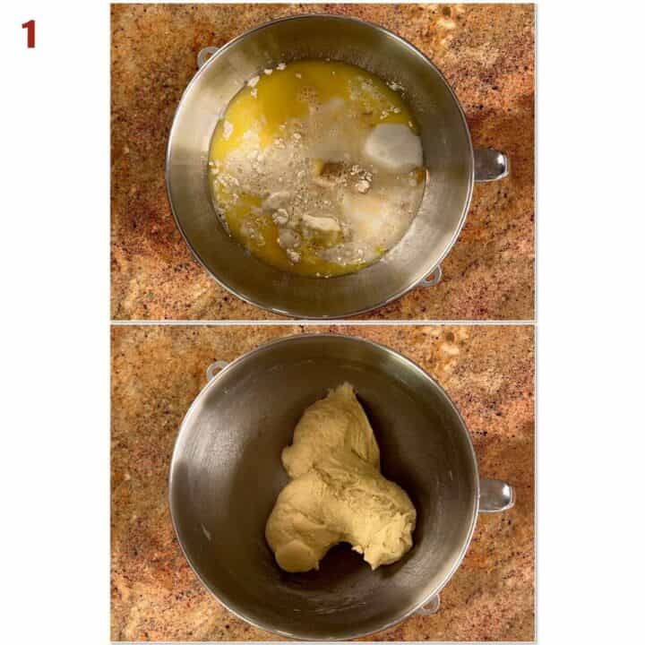Collage of before and after mixing the cream bun dough.