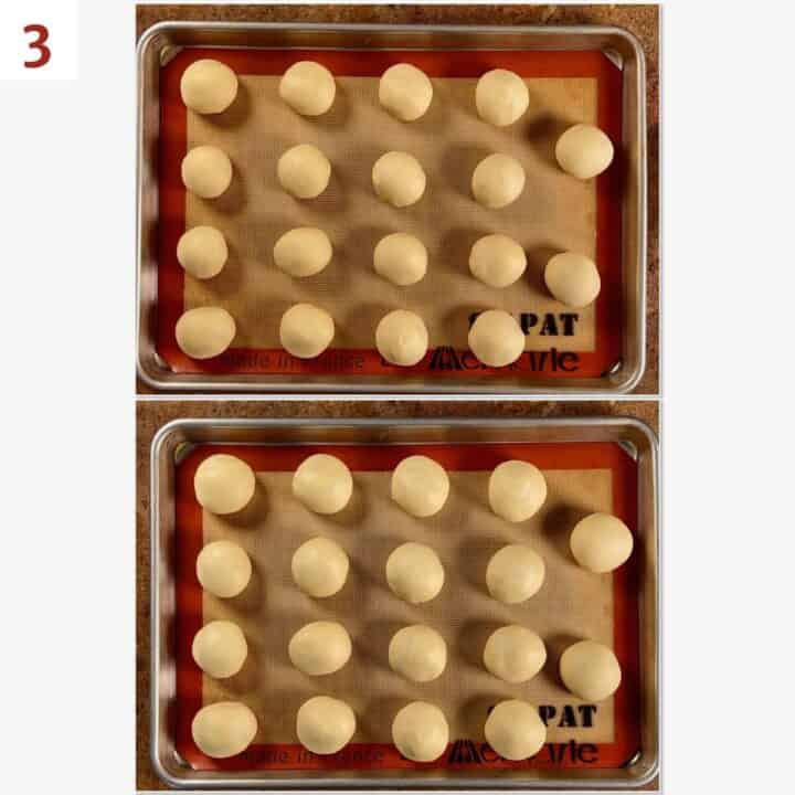 Collage of before and after the second rise of the balls of cream bun dough.