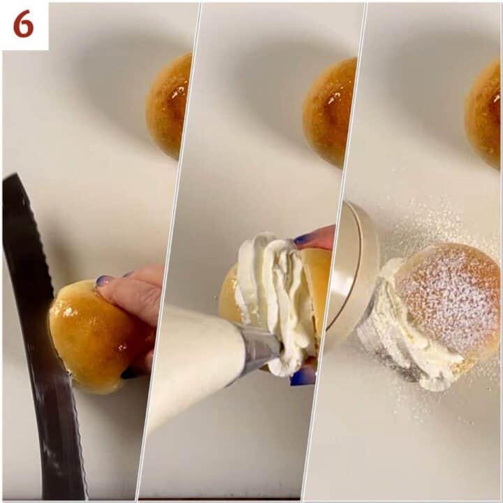 Collage of slicing a cream bun, filling it with whipped cream, and dusting it with powdered sugar.