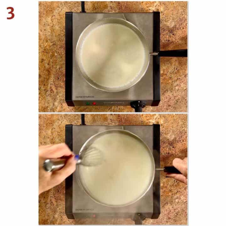 Collage of before and after cooking the pudding.