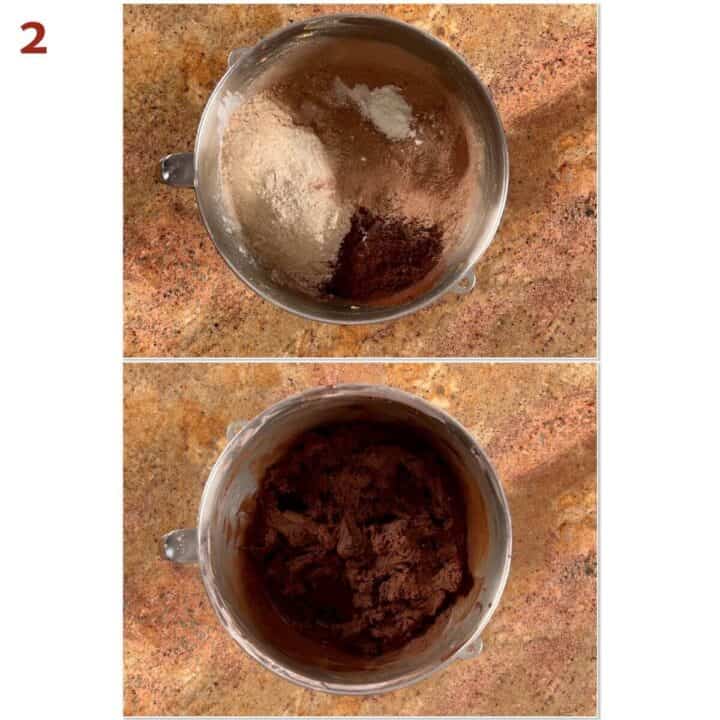 Collage of before and after adding the dry ingredients to finish the cookie dough.
