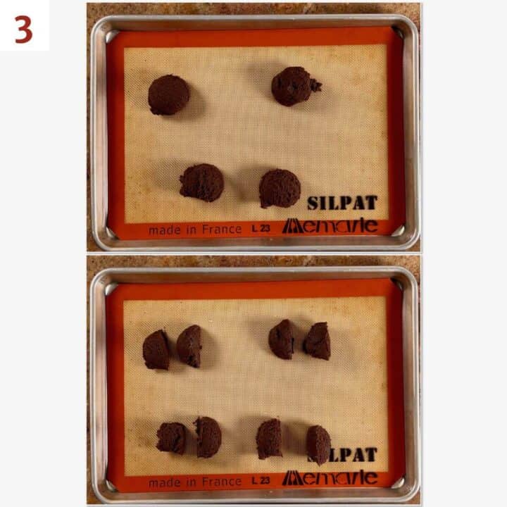 Collage of before and after scooping ¼-cup portions of dough and dividing them in half.