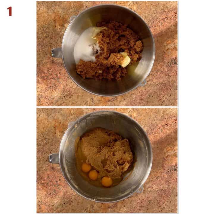 Collage of creaming butter and sugars, then adding eggs and vanilla extract.