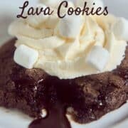 Hot Chocolate Lava Cookie on a white cake plate dripping fudge Pinterest banner.