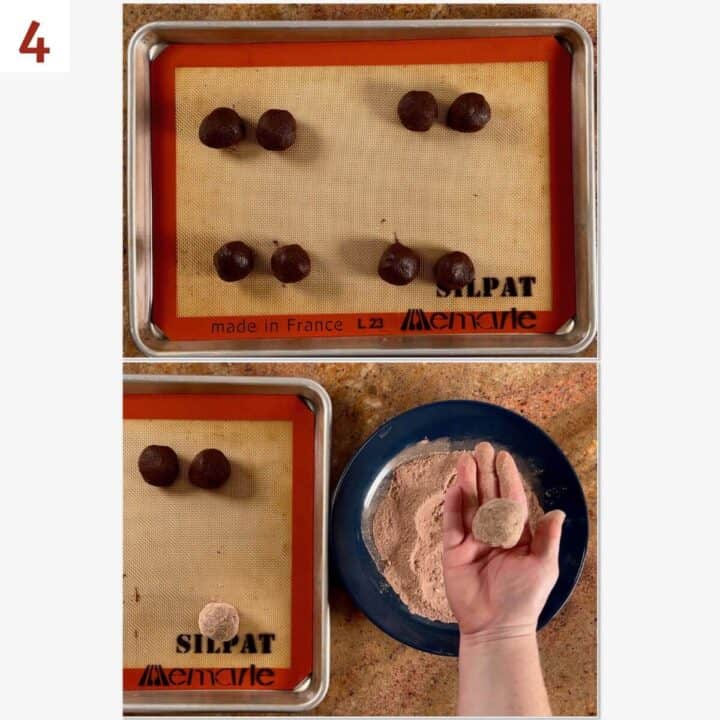Collage of rolling balls of cookie dough in hot cocoa mix.