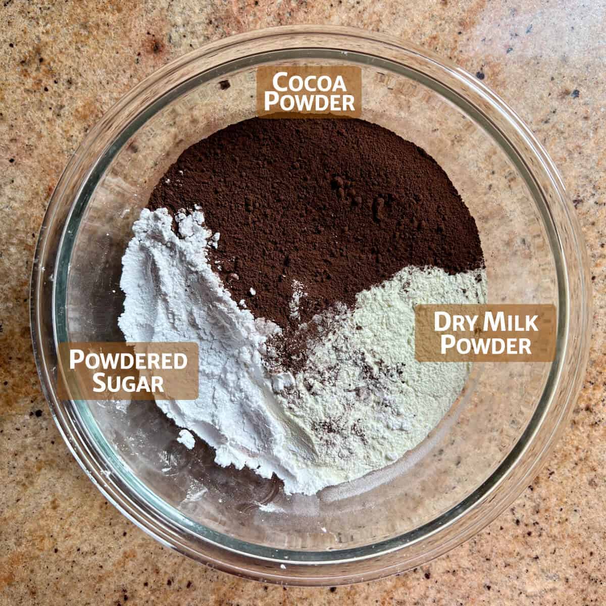Powdered sugar, dry milk powder, and cocoa powder in a glass bowl.