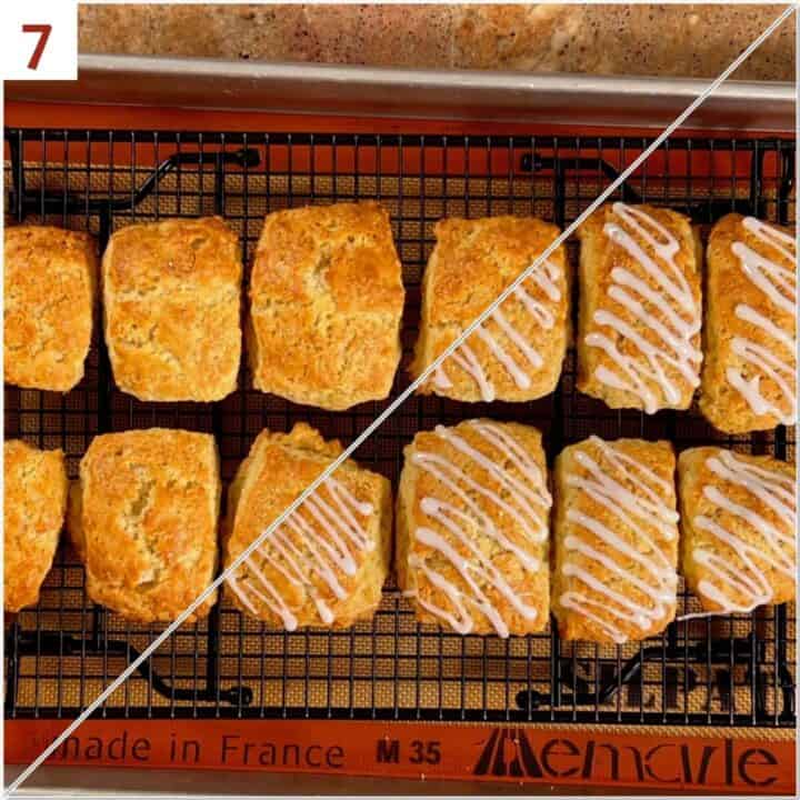 Collage of before and after glazing lemon scones on a cooling rack.