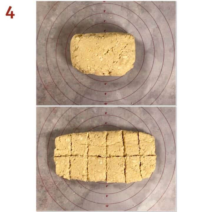 Collage of portioning the lemon scone dough into 12 rectangular pieces.