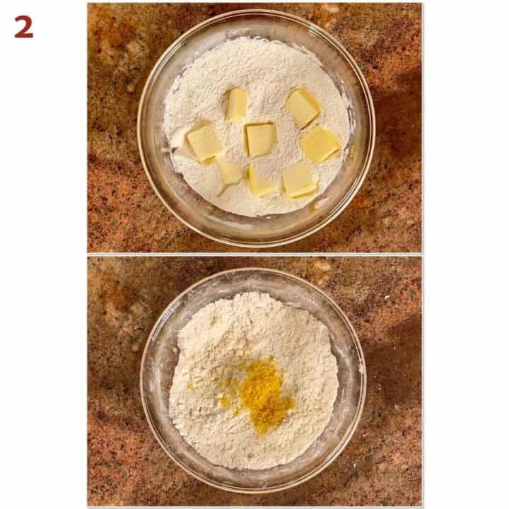Collage of adding butter and lemon zest to the flour mixture.