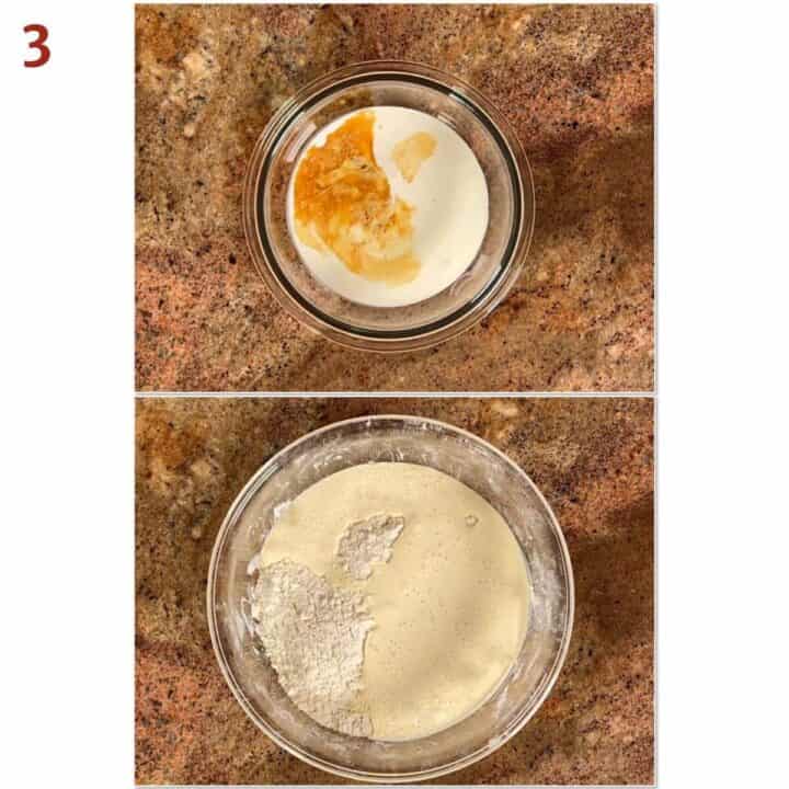 Collage of adding heavy cream, egg, lemon juice, and vanilla to flour mixture.