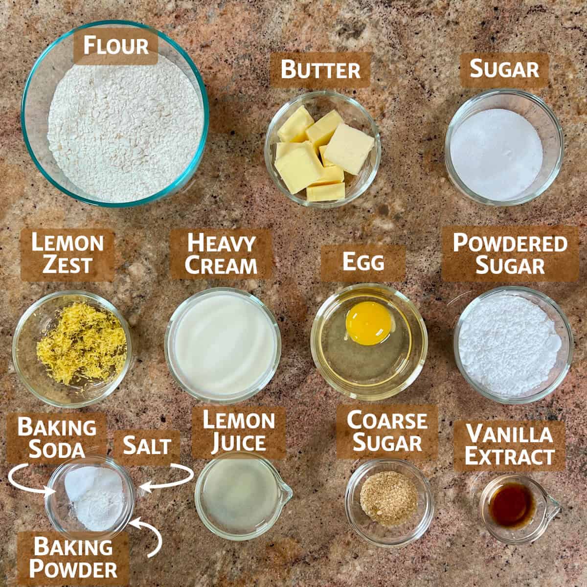 Lemon Scones ingredients portioned into glass bowls.