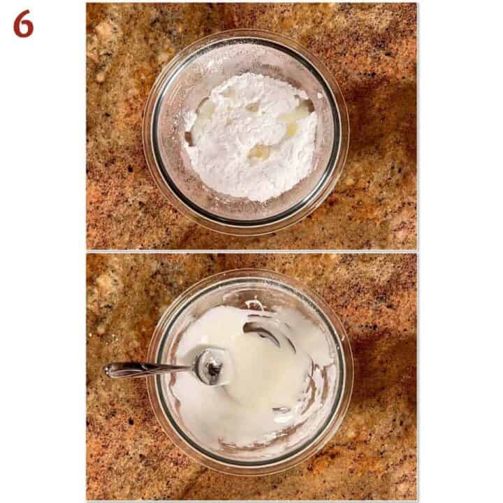 Collage of mixing powdered sugar and lemon juice for glaze.