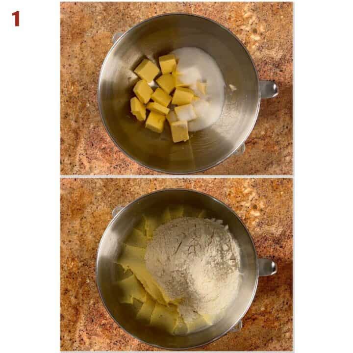 Collage of creaming the butter, sugar, and salt before adding the flour.