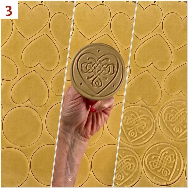 Collage of the cutout cookie dough, the cookie stamp, and the stamped cookies.