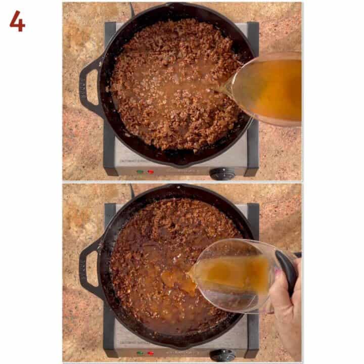 Collage of adding beef stock at the beginning and in the middle of simmering the chili.