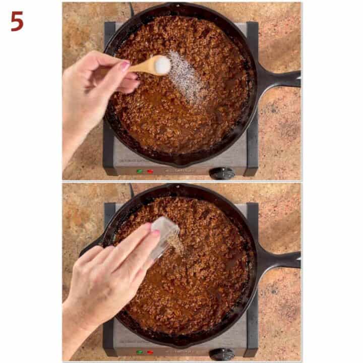 Collage of seasoning the sauce with salt and pepper.