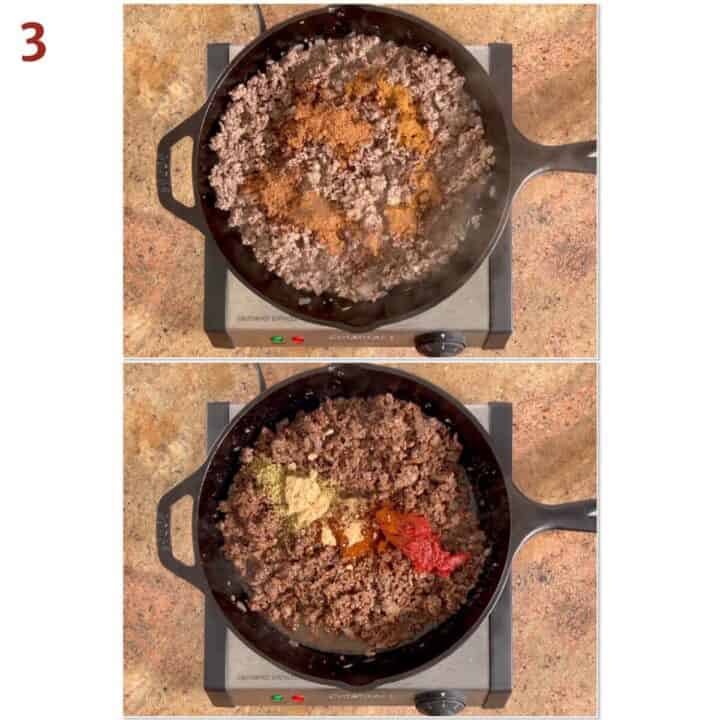 Collage of adding the dry spice blend and the wet spice blend to the meat mixture.