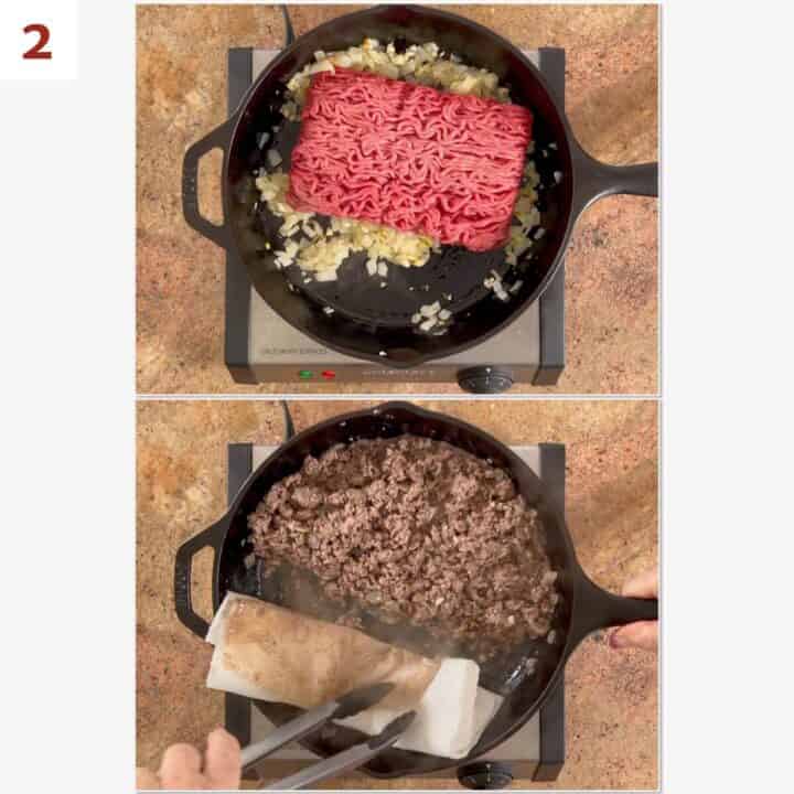 Collage of adding ground beef to the skillet and draining off the excess liquid.