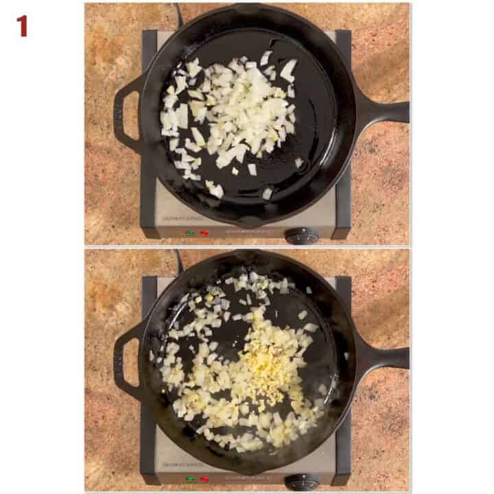 Collage of cooking onions and garlic in a cast iron skillet.