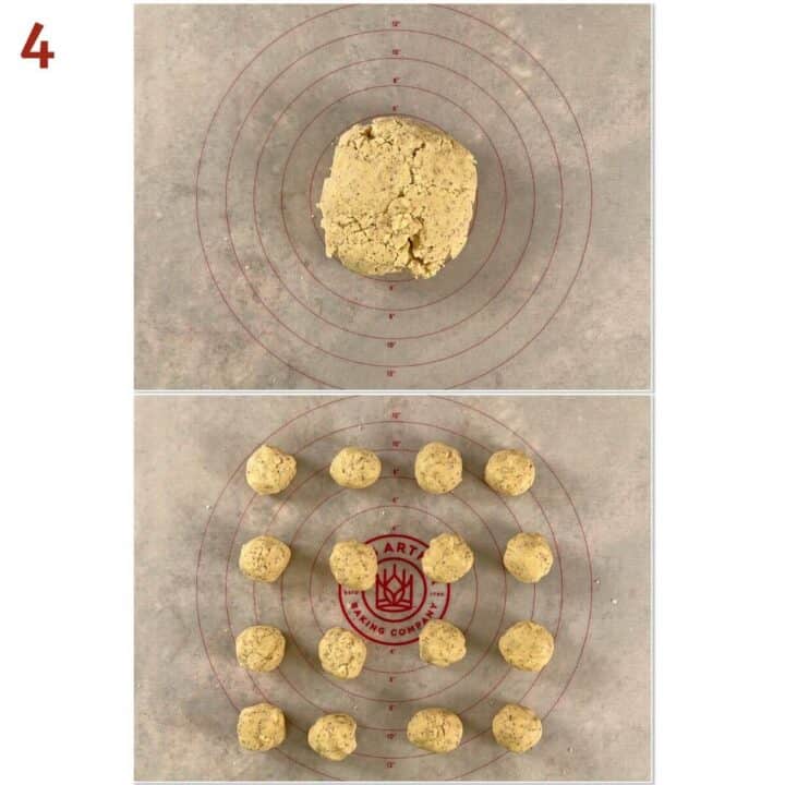 Collage of before and after portioning the almond shortbread cookie dough into balls.