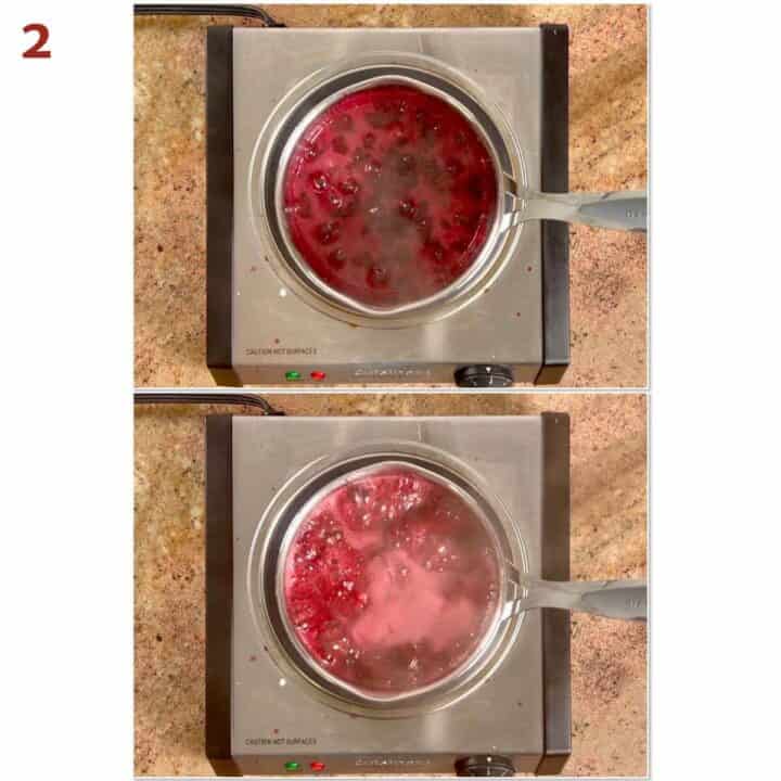 Collage of bringing berry mixture to a rolling boil.