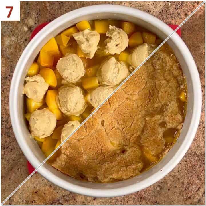 Collage of before and after baking the peach cobbler.