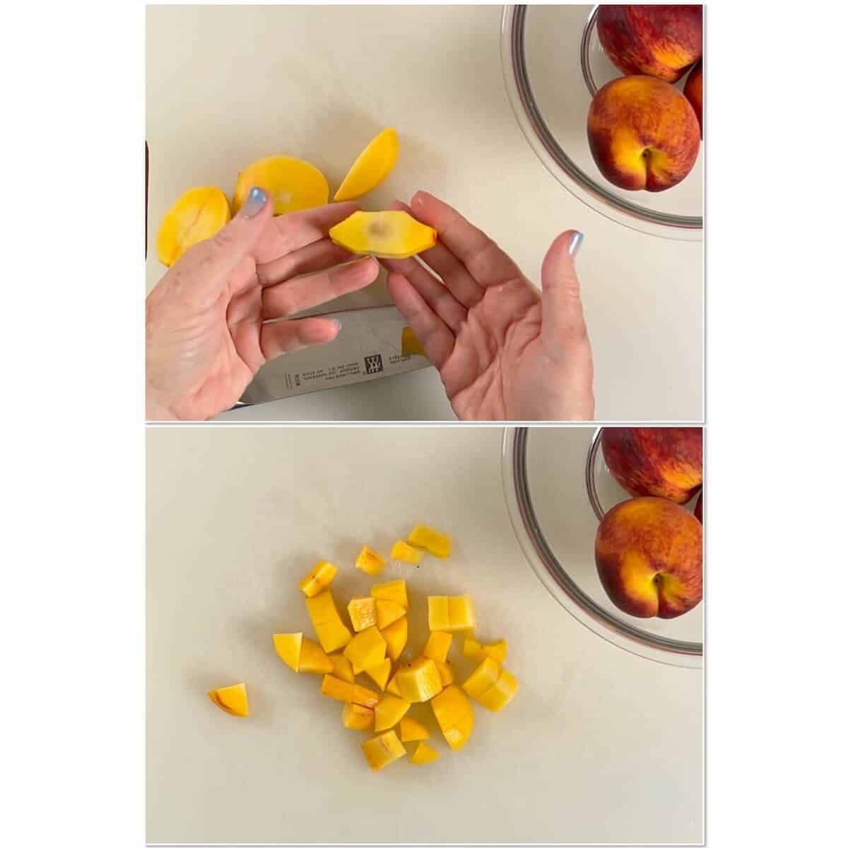 Collage of showing the trimmed peach pit and chopped peaches.