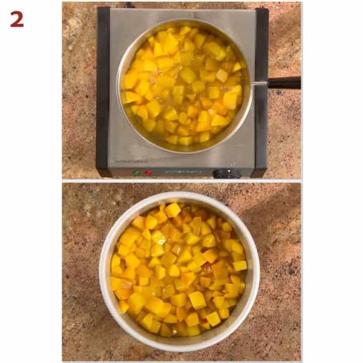 Collage of the cooked peach filling in the saucepan and in a baking pan.