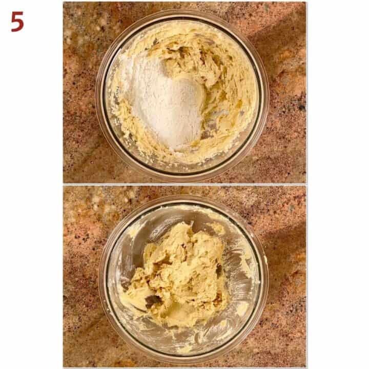 Collage of before and after folding in the flour mixture for the cookie topping.