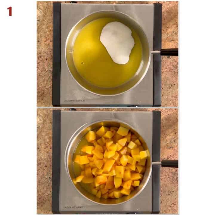 Collage of combining orange juice, sugar, and chopped peaches in a saucepan.