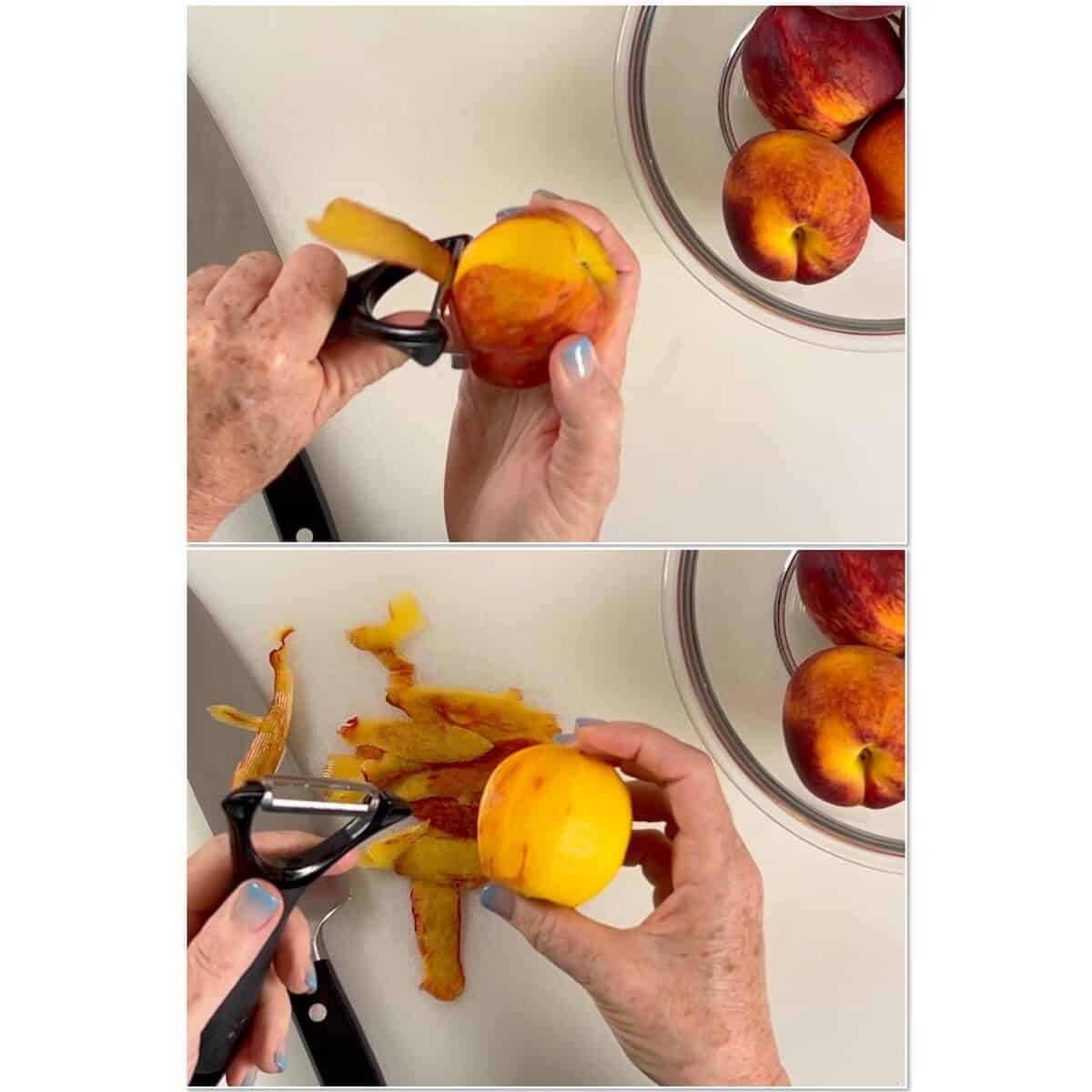 Collage showing before and after peeling peaches.