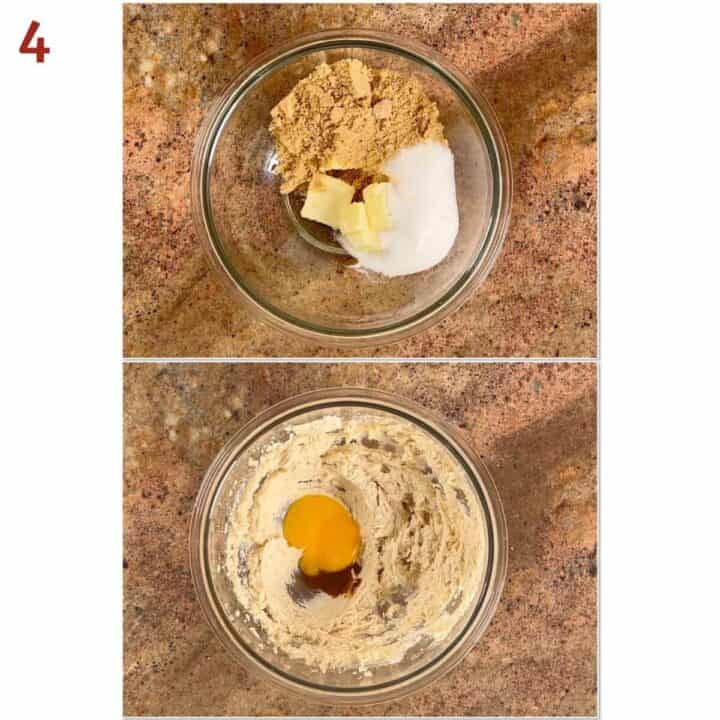 Collage of mixing the butter, sugars, egg yolk, and vanilla for the cookie topping.