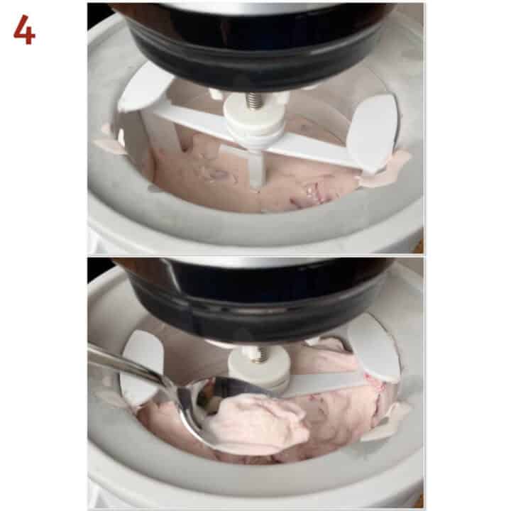 Collage of before and after churning the strawberry ice cream base.