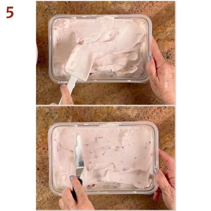 Collage of transferring the ice cream to a plastic container and smoothing the top.
