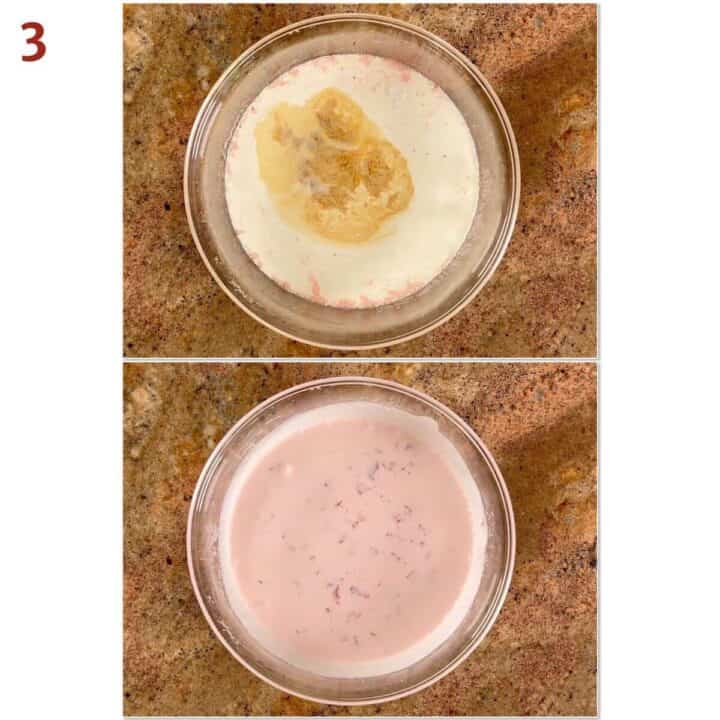 Collage of before and after adding heavy cream, milk, and vanilla into the macerated strawberries.