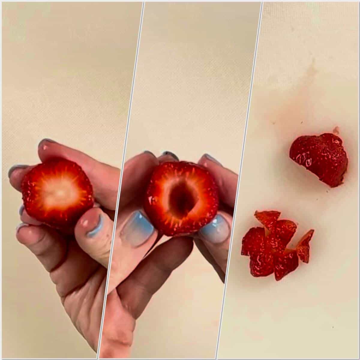 Collage of demonstrating hulling and chopping strawberry.