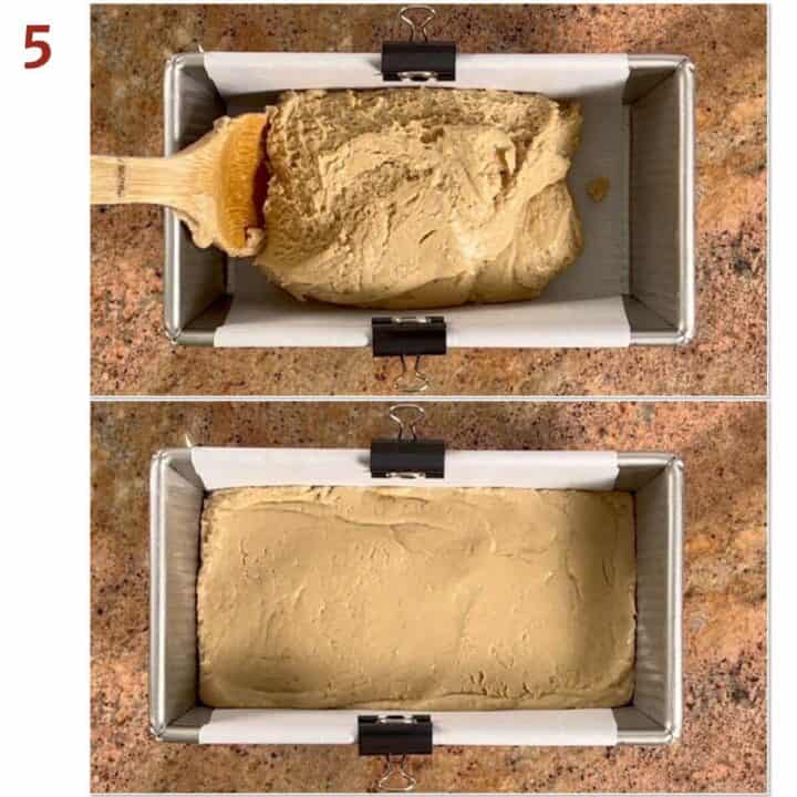 Collage of before and after transferring halva ball into a loaf pan and smoothing it out.