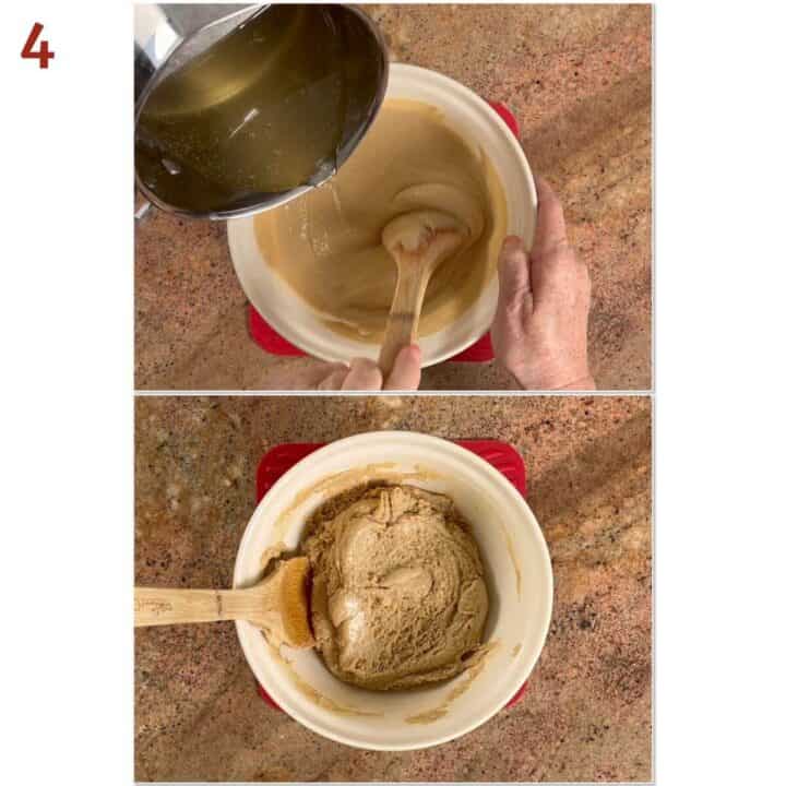 Collage of before and after streaming sugar syrup into the tahini mixture.