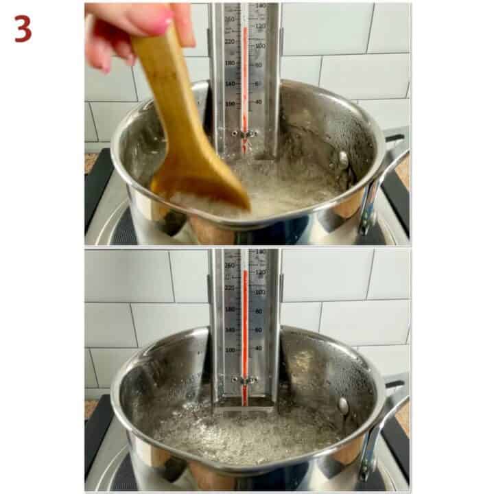 Collage of stirring and boiling sugar syrup to 250˚F.