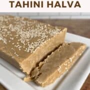 Slice of Tahini Halva next to whole slab on a white plate Pinterest banner.