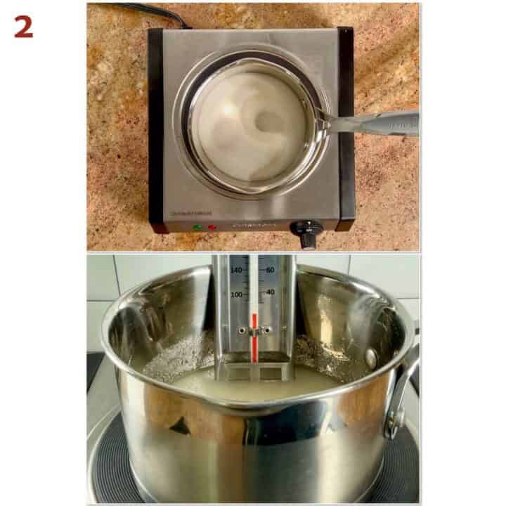 Collage of water and sugar in a saucepan with a candy thermometer.