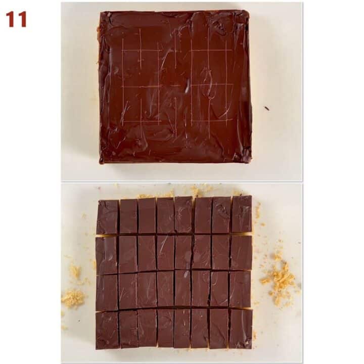 Collage of before and after cutting the scored slab into bars.